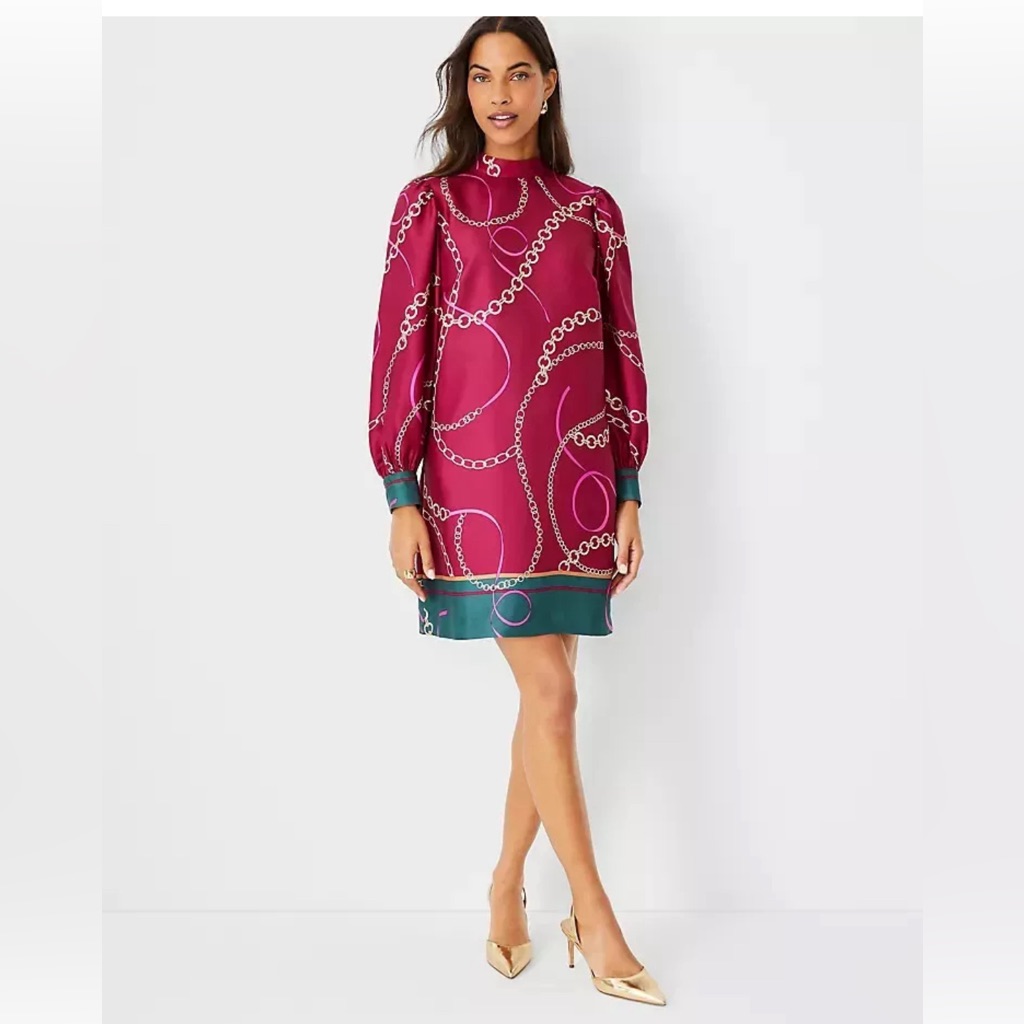 Nwt $149 Ann Taylor Chain Print Mock Neck Shift Dress Sz Xs